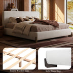 Queen Size Boucle Cloud-Feel Bed Frame, White Upholstered Platform Bed with Soft Headboard, Solid Wood Legs, No Box Spring Required, Easy Assembly