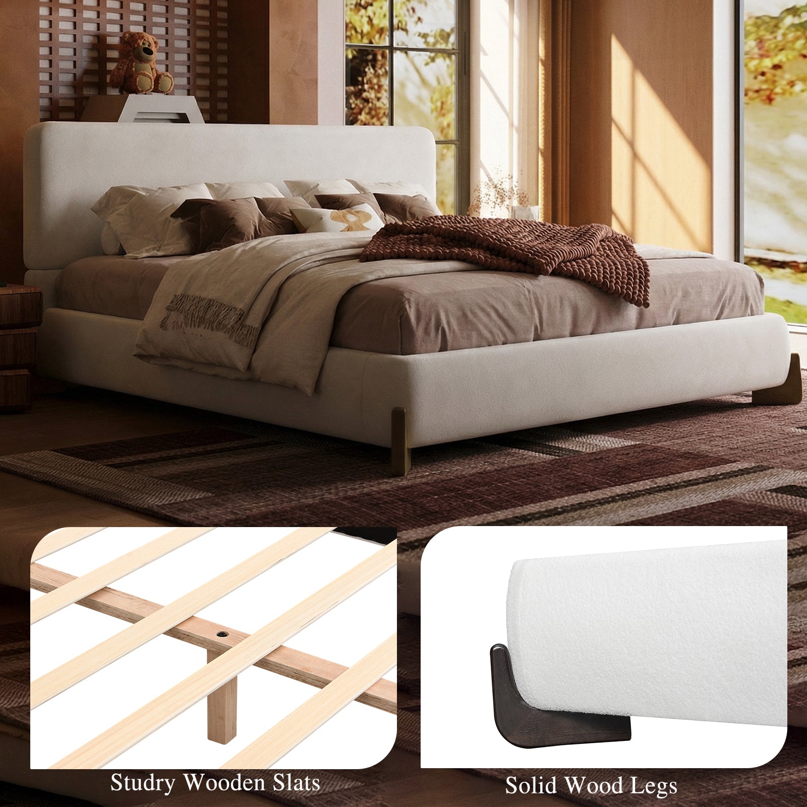 Queen Size Boucle Cloud-Feel Bed Frame, White Upholstered Platform Bed with Soft Headboard, Solid Wood Legs, No Box Spring Required, Easy Assembly