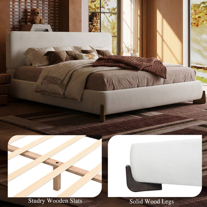 Queen Size Boucle Cloud-Feel Bed Frame,  Solid Wood Legs