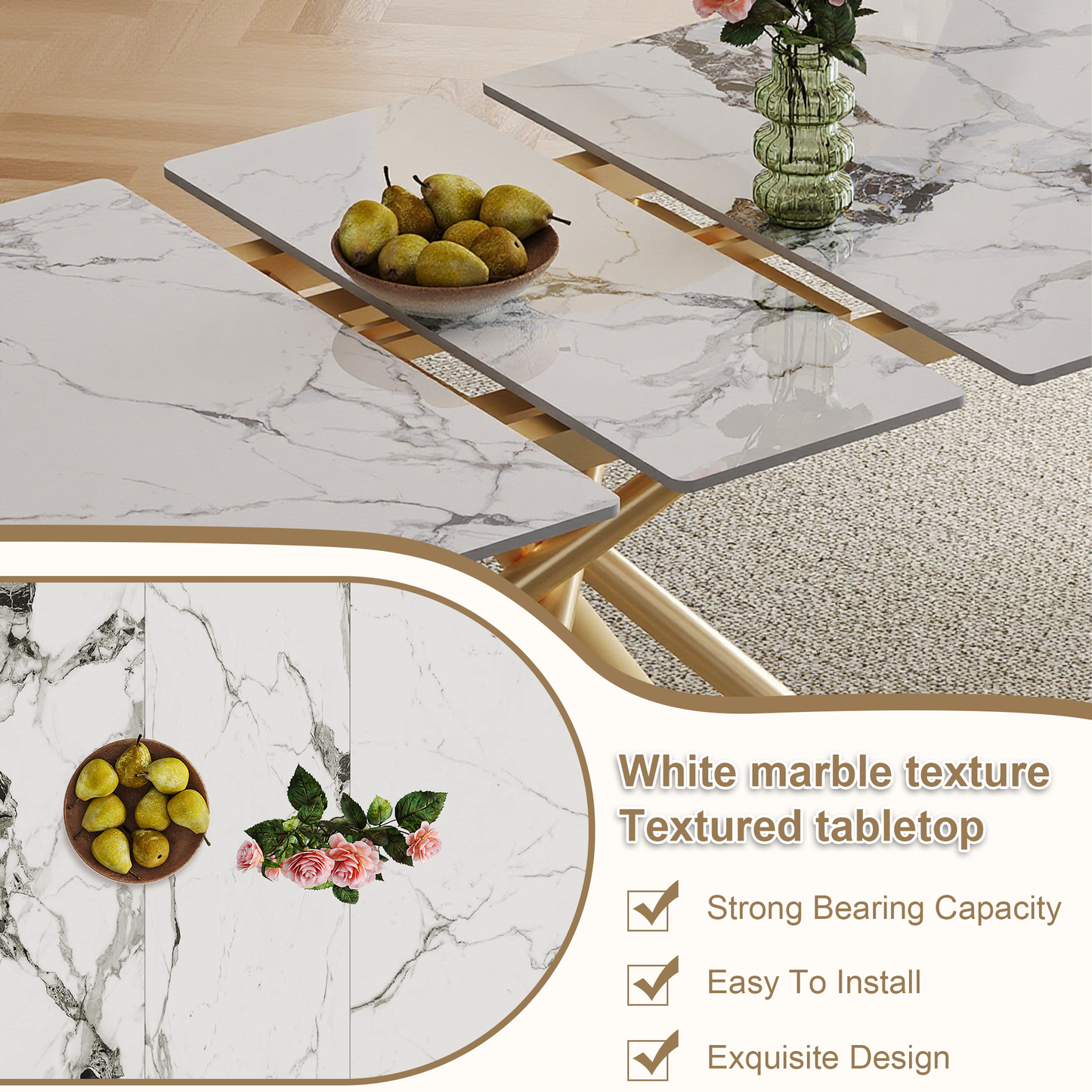 59-inch Modern rectangle Expandable Dining Table , Sintered Stone Top & Golden Carbon Steel X-Base