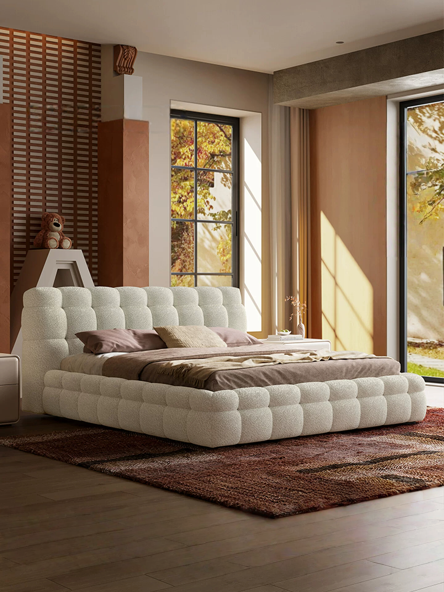 Queen Size Boucle Bed Frame, Modern Cloud-Feel Bed with Tufted Headboard, White Teddy Fleece Upholstered Platform Bed, No Box Spring Needed