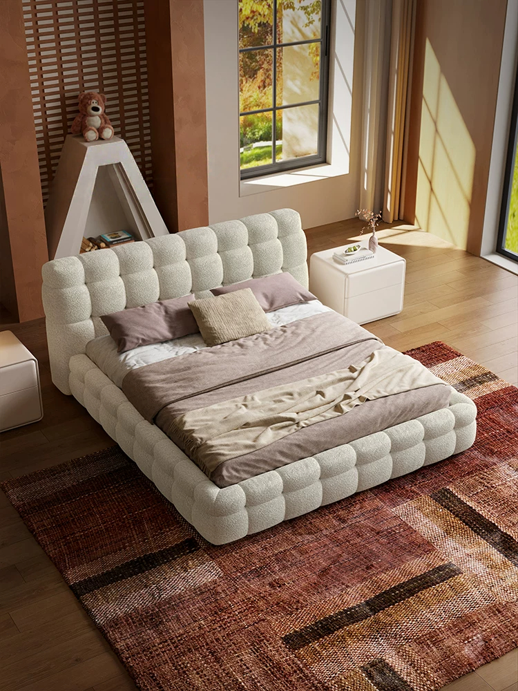 Queen Size Boucle Bed Frame, Modern Cloud-Feel Bed with Tufted Headboard, White Teddy Fleece Upholstered Platform Bed, No Box Spring Needed