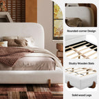 Cloud-Feel Bed– King Size, White Upholstered Platform Bed Frame with Soft Headboard & Wood Solid Legs, for Bedroom Apartment