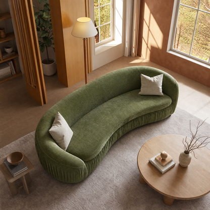 92.12-inch curved green sofa, equipped with two cushions, with a velvet fabric and wooden frame, capable of supporting 2000 pounds, a modern and luxurious curved sofa, suitable for living rooms and apartments.