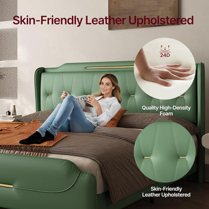 Queen Size Faux Leather Upholstered Platform Bed Frame, Modern Bed with Golden Iron Metal Decor, Metal Legs & Solid Wood Slats Support, No Box Spring Needed