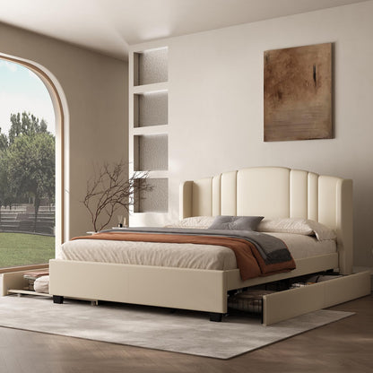 Queen Bed Frame with Trundle and 2 Storage Drawers, Upholstered Platform Bed with Wingback Headboard, Linen &Wooden Support Slats