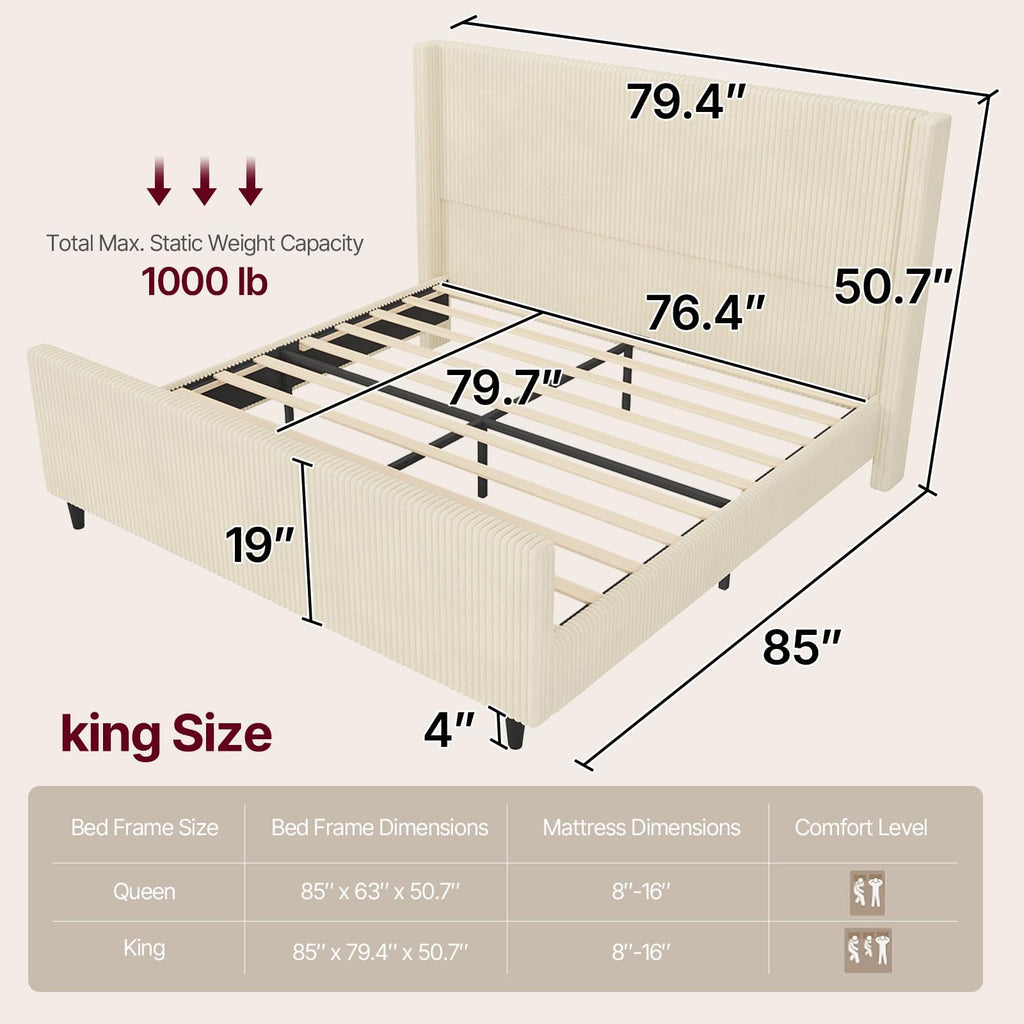 50.7" High Wingback Bed Frame, Queen Size Upholstered Cloud-Feel Platform with Corduroy Fabric & Solid Metal Legs, No Box Spring Needed