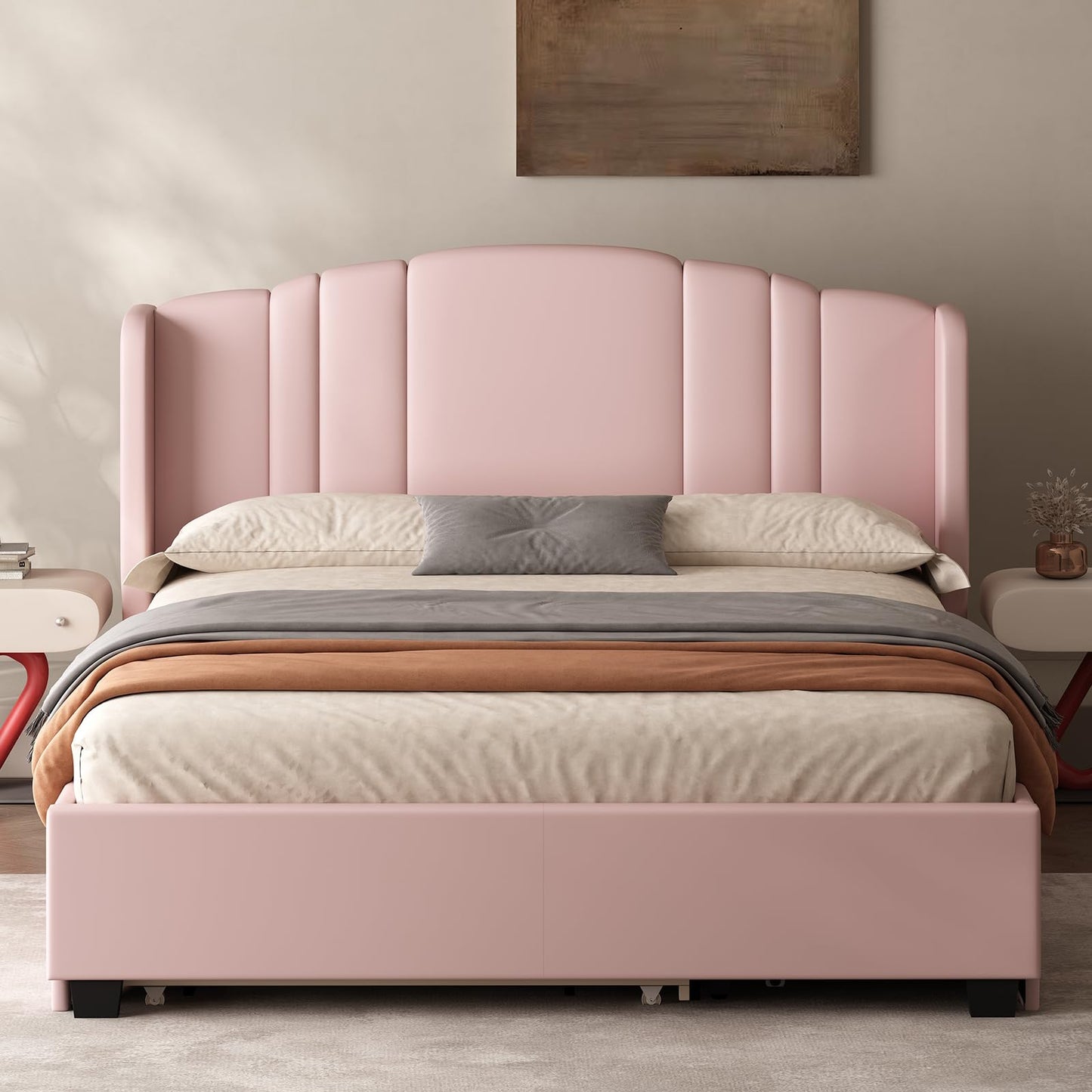 Queen Bed Frame with Trundle and 2 Storage Drawers, Upholstered Platform Bed with Wingback Headboard, Linen &Wooden Support Slats