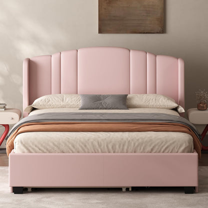 Queen Bed Frame with Trundle and 2 Storage Drawers, Upholstered Platform Bed with Wingback Headboard, Linen &Wooden Support Slats