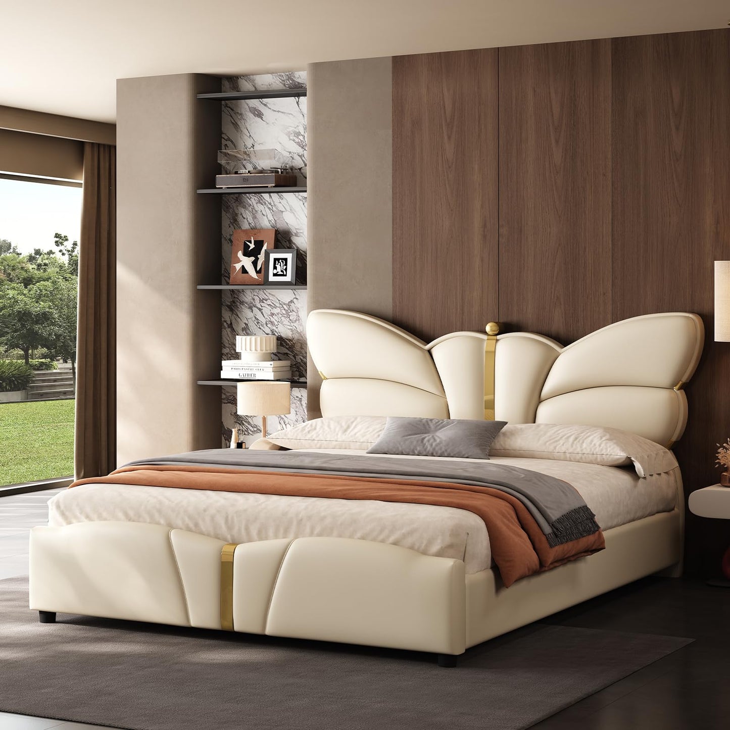 Queen Size Upholstered PU Leather Bed Frame with Butterfly Headboard and Footboard, Modern Platform Bed with Gold Metal Accents