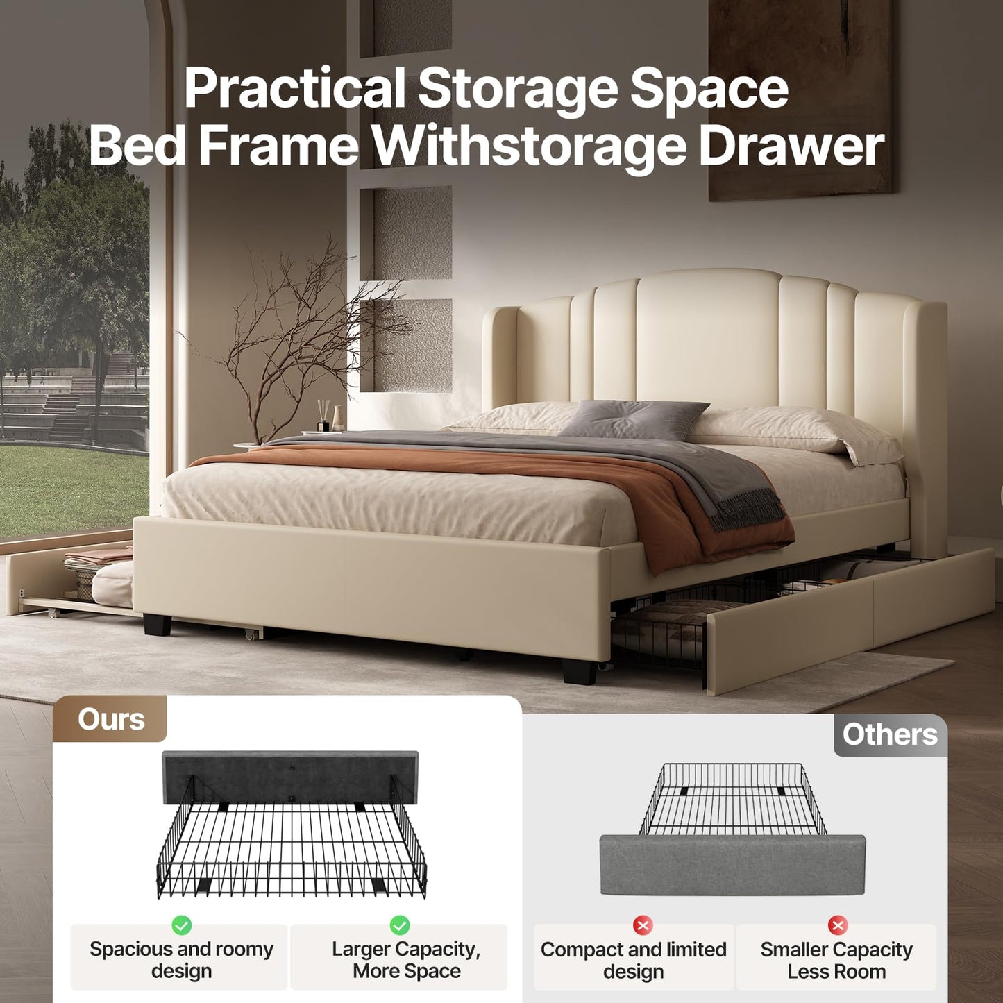 Queen Bed Frame with Trundle and 2 Storage Drawers, Upholstered Platform Bed with Wingback Headboard, Linen &Wooden Support Slats