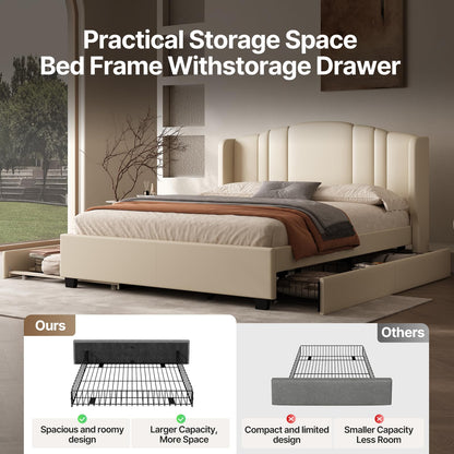Queen Bed Frame with Trundle and 2 Storage Drawers, Upholstered Platform Bed with Wingback Headboard, Linen &Wooden Support Slats