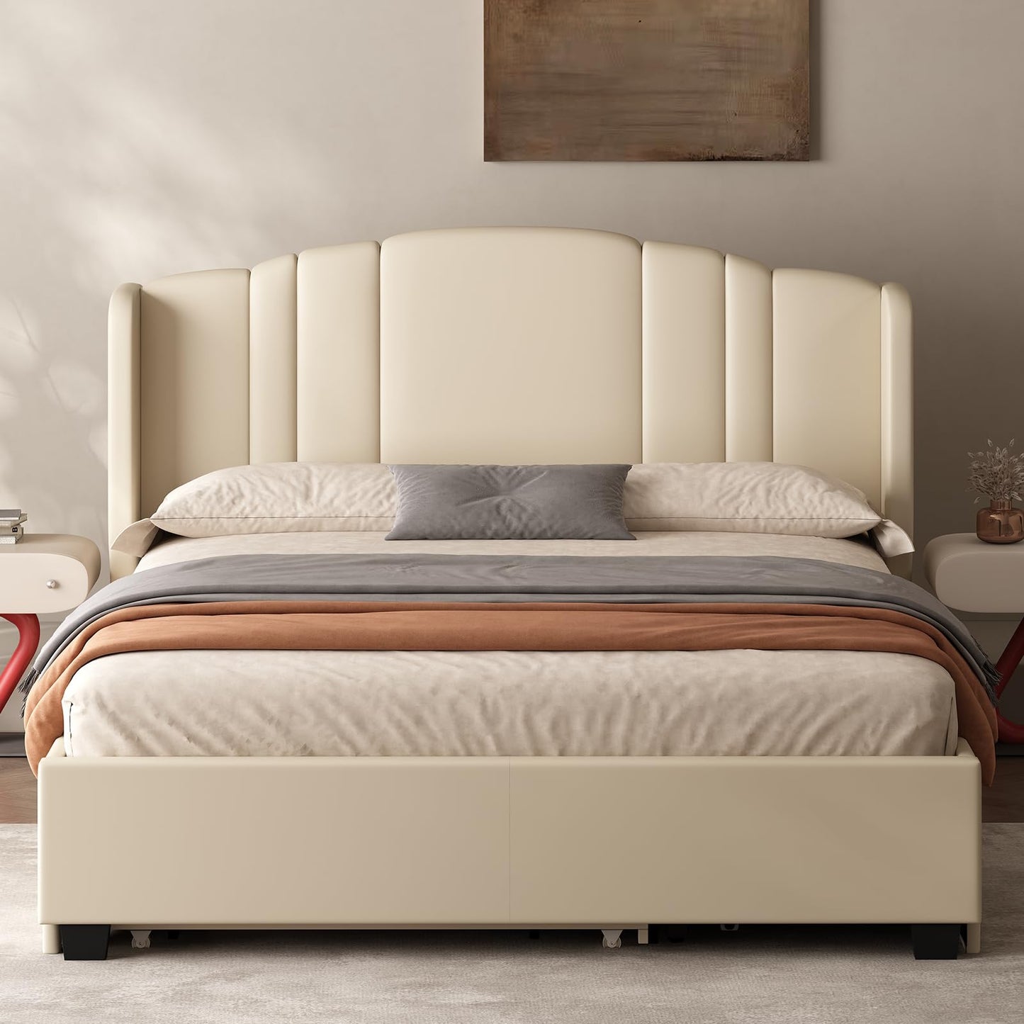 Queen Bed Frame with Trundle and 2 Storage Drawers, Upholstered Platform Bed with Wingback Headboard, Linen &Wooden Support Slats