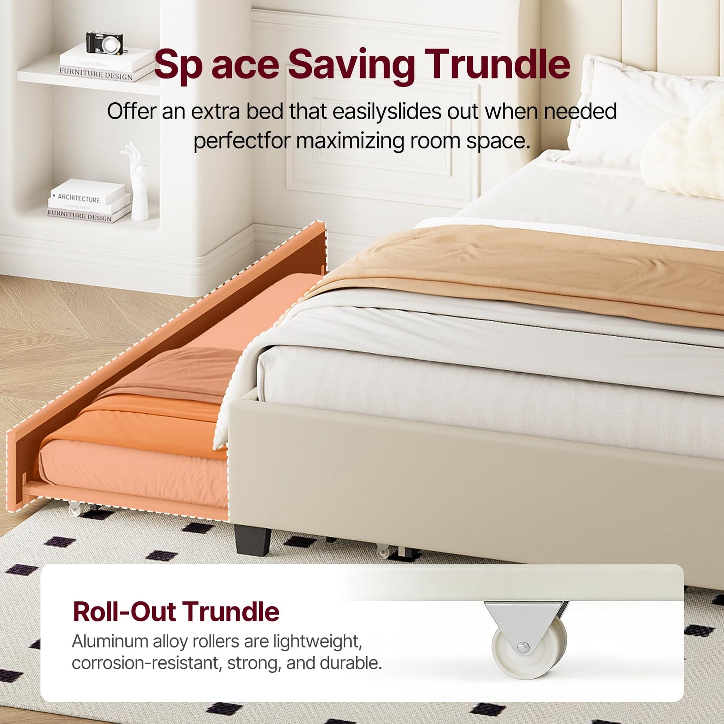 Queen Bed Frame with Trundle and 2 Storage Drawers, Upholstered Platform Bed with Wingback Headboard, Linen &Wooden Support Slats