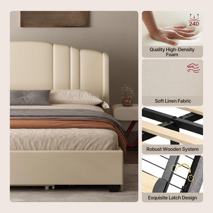 Queen Bed Frame with Trundle and 2 Storage Drawers, Upholstered Platform Bed with Wingback Headboard, Linen &Wooden Support Slats