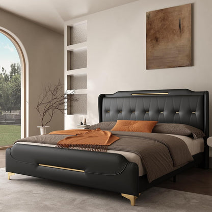 Queen Size Faux Leather Upholstered Platform Bed Frame, Modern Bed with Golden Iron Metal Decor, Metal Legs & Solid Wood Slats Support, No Box Spring Needed