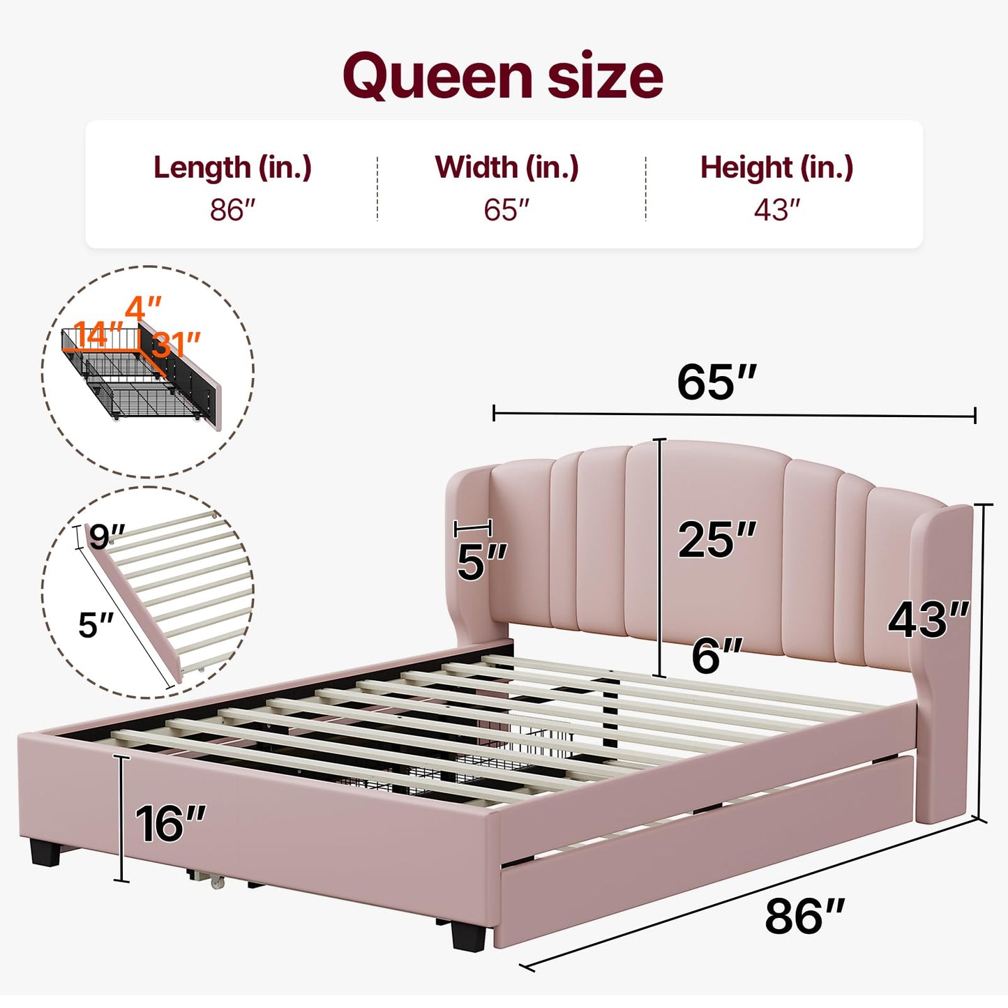 Queen Bed Frame with Trundle and 2 Storage Drawers, Upholstered Platform Bed with Wingback Headboard, Linen &Wooden Support Slats