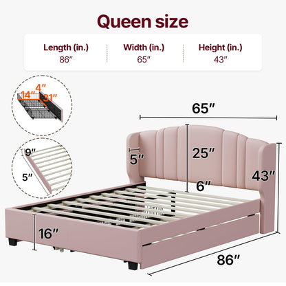 Queen Bed Frame with Trundle and 2 Storage Drawers, Upholstered Platform Bed with Wingback Headboard, Linen &Wooden Support Slats