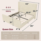 50.7" High Wingback Bed Frame, Queen Size Upholstered Cloud-Feel Platform with Corduroy Fabric & Solid Metal Legs, No Box Spring Needed