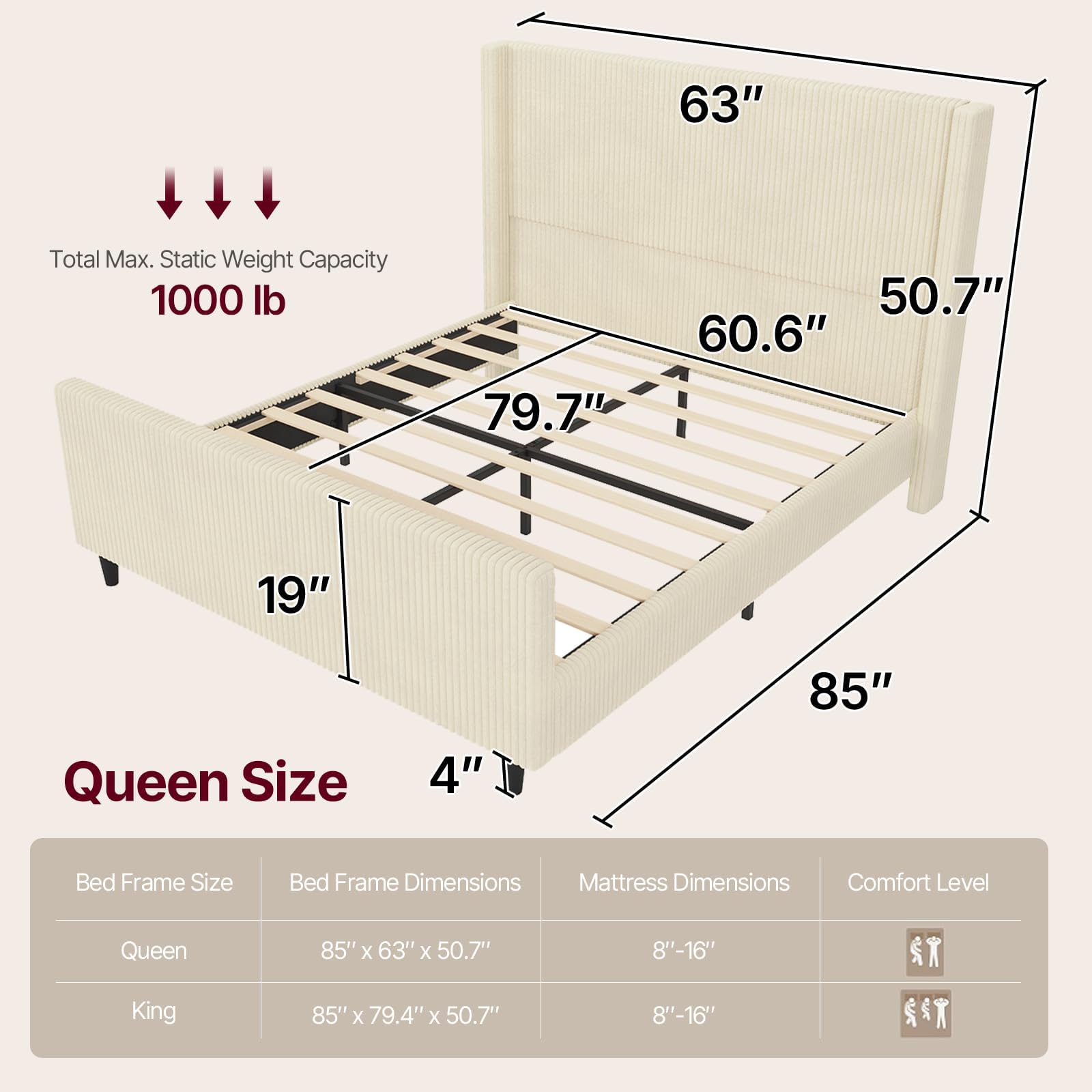 50.7" High Wingback Bed Frame, Queen Size Upholstered Cloud-Feel Platform with Corduroy Fabric & Solid Metal Legs, No Box Spring Needed