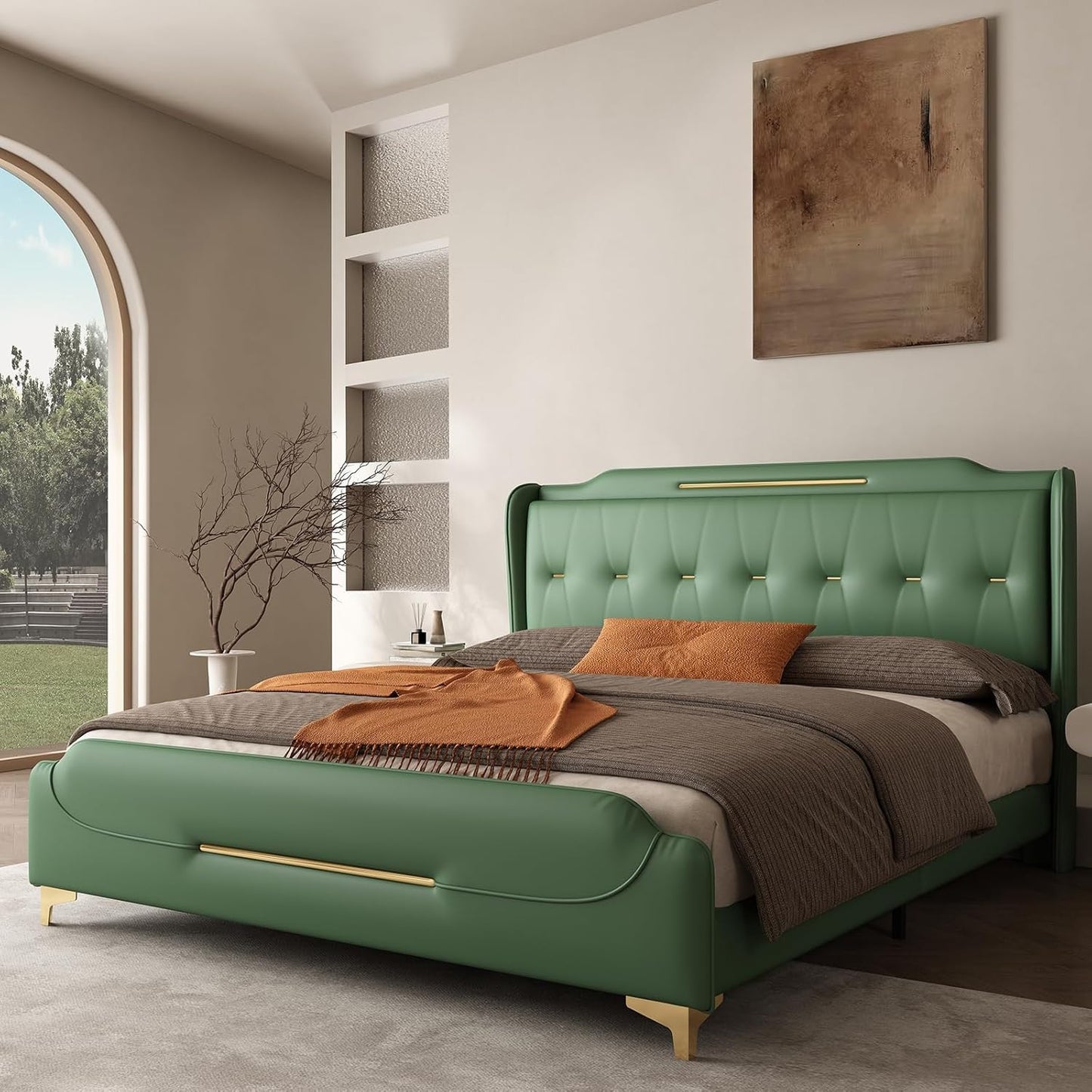Queen Size Faux Leather Upholstered Platform Bed Frame, Modern Bed with Golden Iron Metal Decor, Metal Legs & Solid Wood Slats Support, No Box Spring Needed