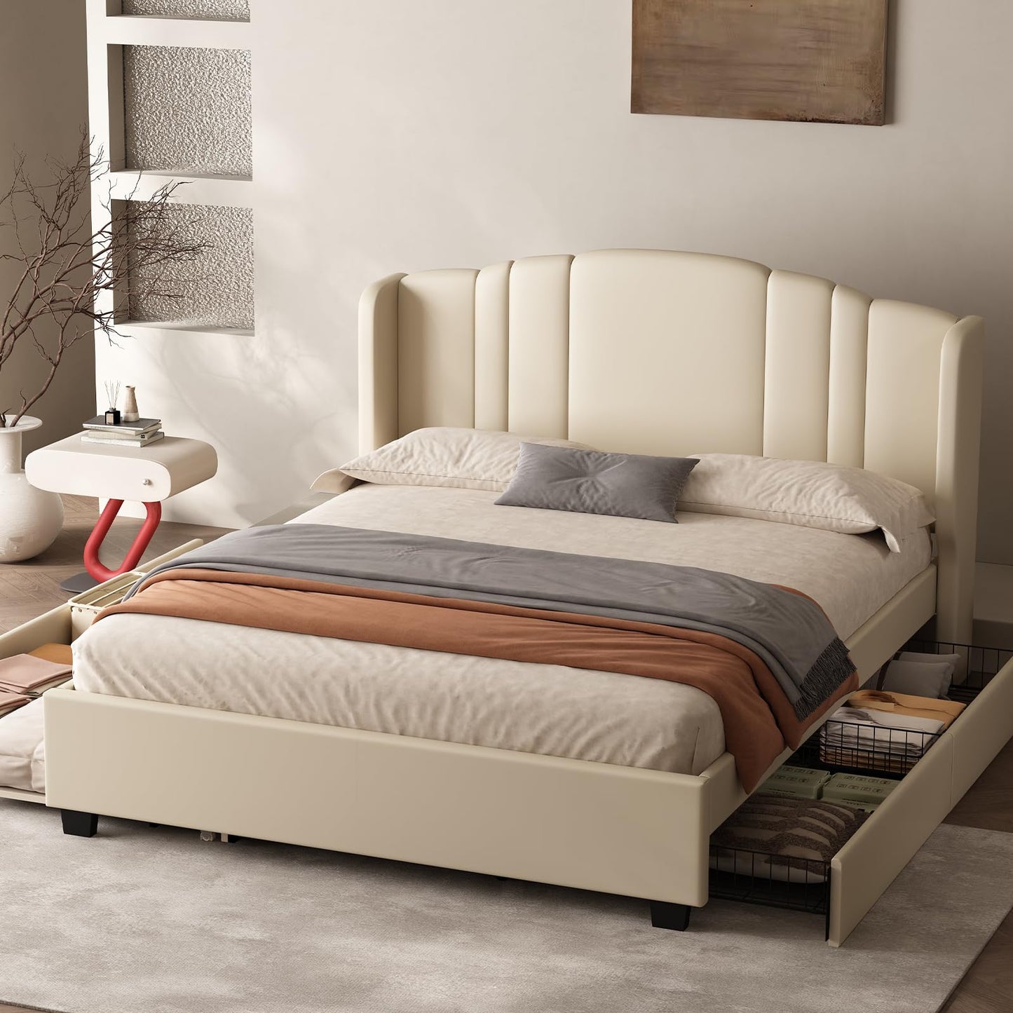 Queen Bed Frame with Trundle and 2 Storage Drawers, Upholstered Platform Bed with Wingback Headboard, Linen &Wooden Support Slats