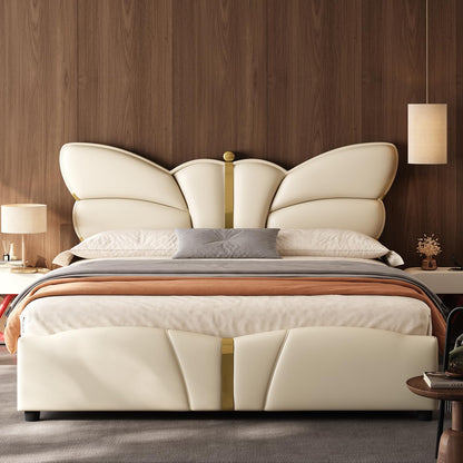 Queen Size Upholstered PU Leather Bed Frame with Butterfly Headboard and Footboard, Modern Platform Bed with Gold Metal Accents