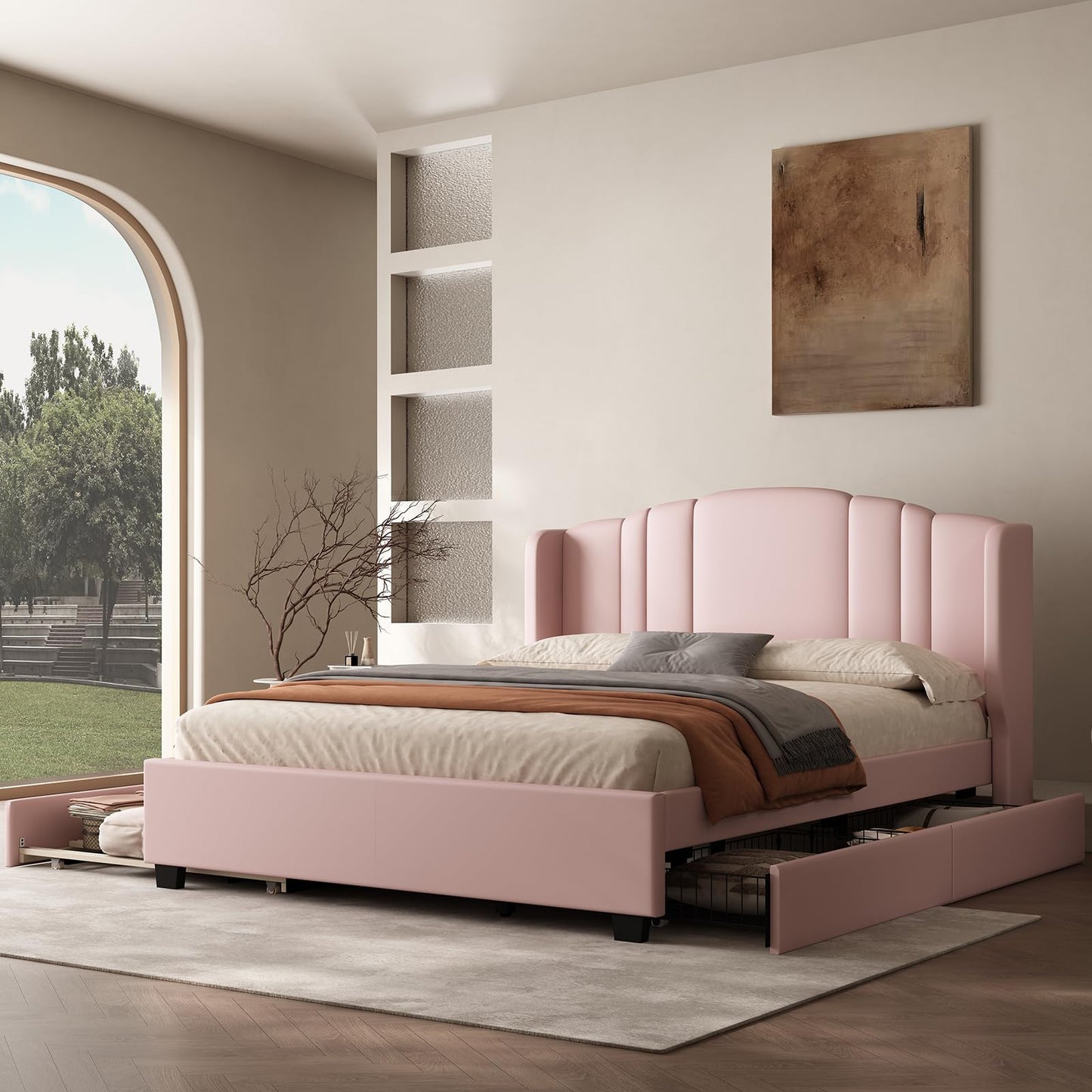 Queen Bed Frame with Trundle and 2 Storage Drawers, Upholstered Platform Bed with Wingback Headboard, Linen &Wooden Support Slats