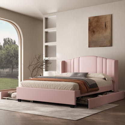 Queen Bed Frame with Trundle and 2 Storage Drawers, Upholstered Platform Bed with Wingback Headboard, Linen &Wooden Support Slats