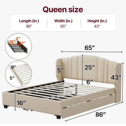 Queen Bed Frame with Trundle and 2 Storage Drawers, Upholstered Platform Bed with Wingback Headboard, Linen &Wooden Support Slats