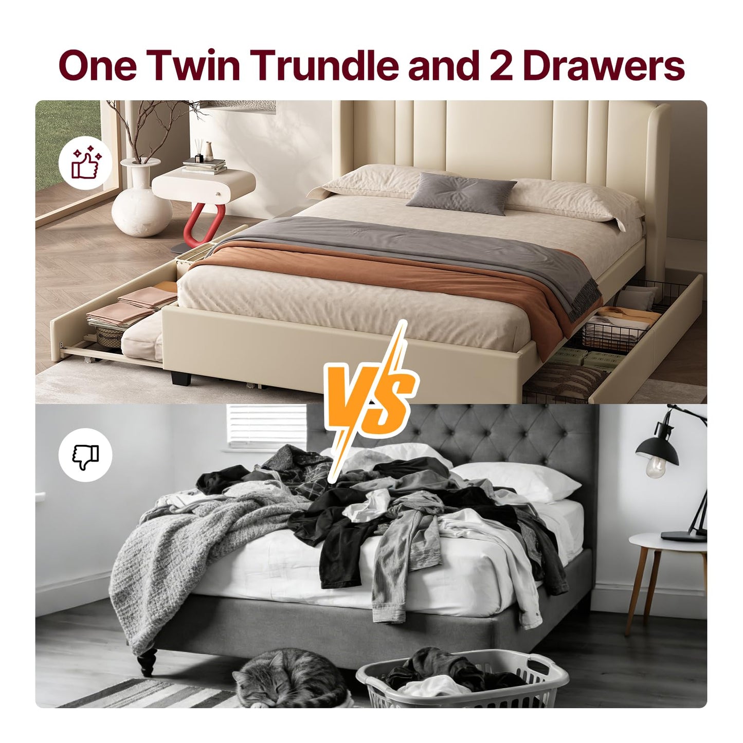 Queen Bed Frame with Trundle and 2 Storage Drawers, Upholstered Platform Bed with Wingback Headboard, Linen &Wooden Support Slats