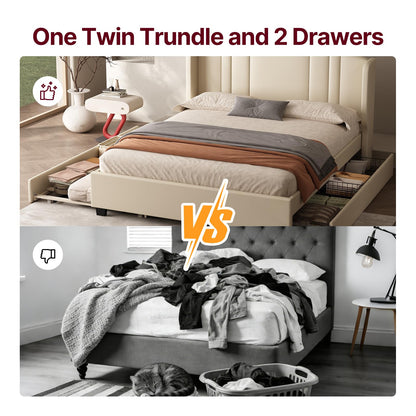 Queen Bed Frame with Trundle and 2 Storage Drawers, Upholstered Platform Bed with Wingback Headboard, Linen &Wooden Support Slats