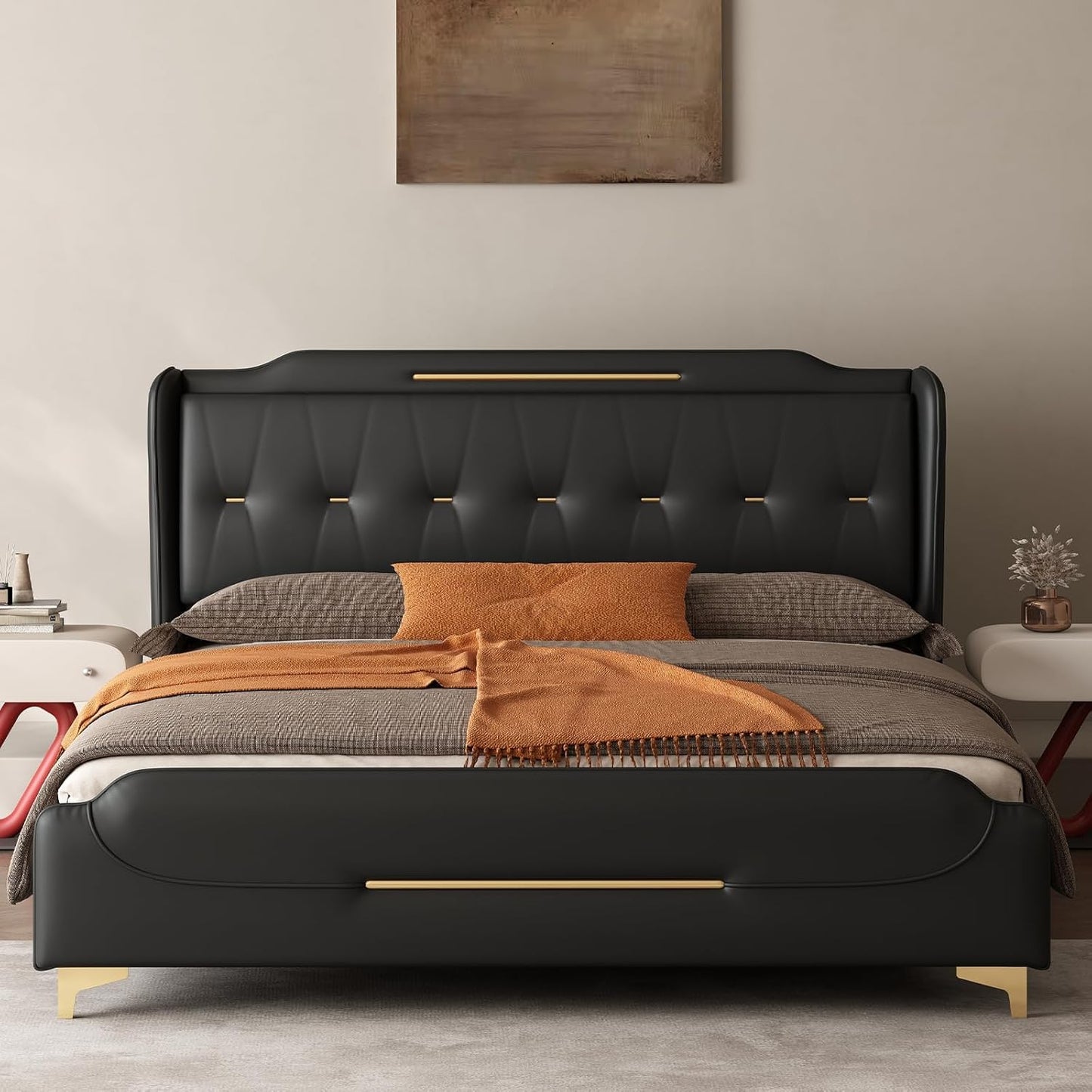 Queen Size Faux Leather Upholstered Platform Bed Frame, Modern Bed with Golden Iron Metal Decor, Metal Legs & Solid Wood Slats Support, No Box Spring Needed