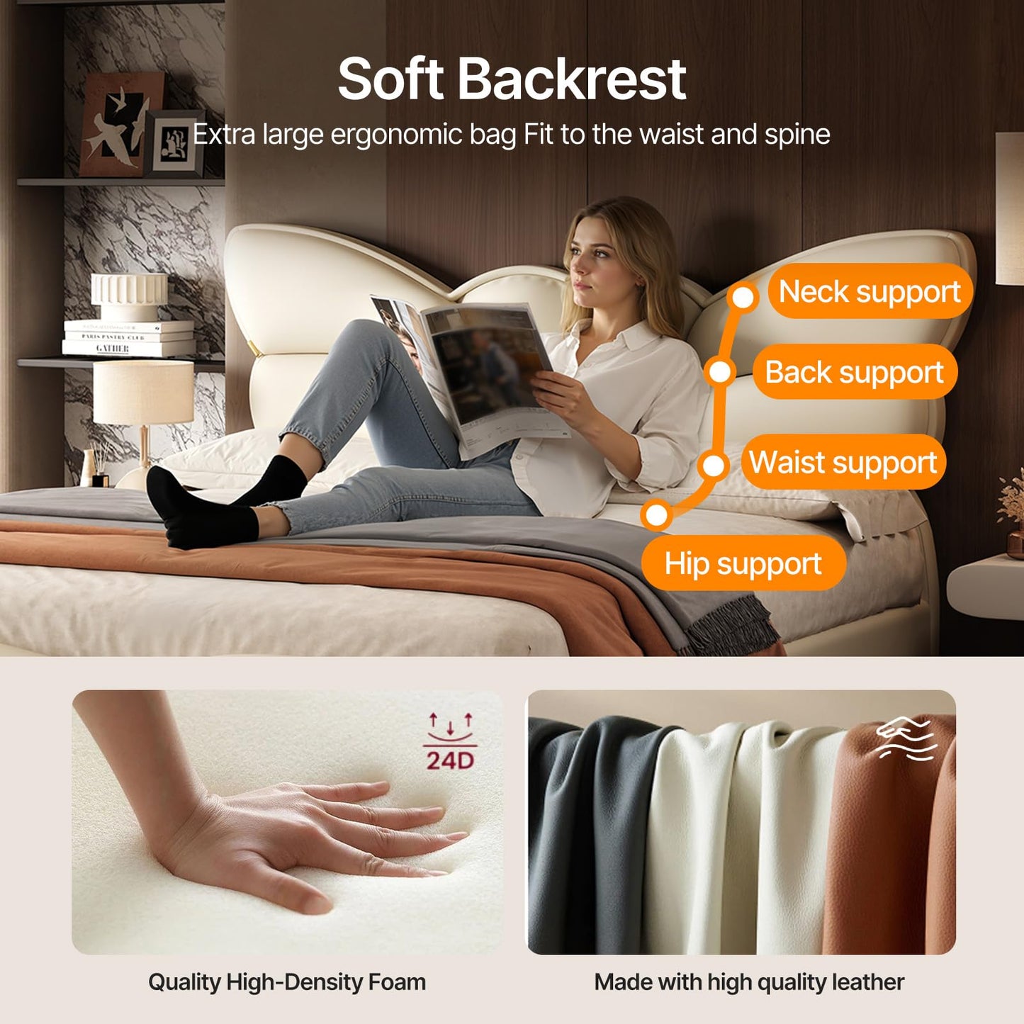Queen Size Upholstered PU Leather Bed Frame with Butterfly Headboard and Footboard, Modern Platform Bed with Gold Metal Accents