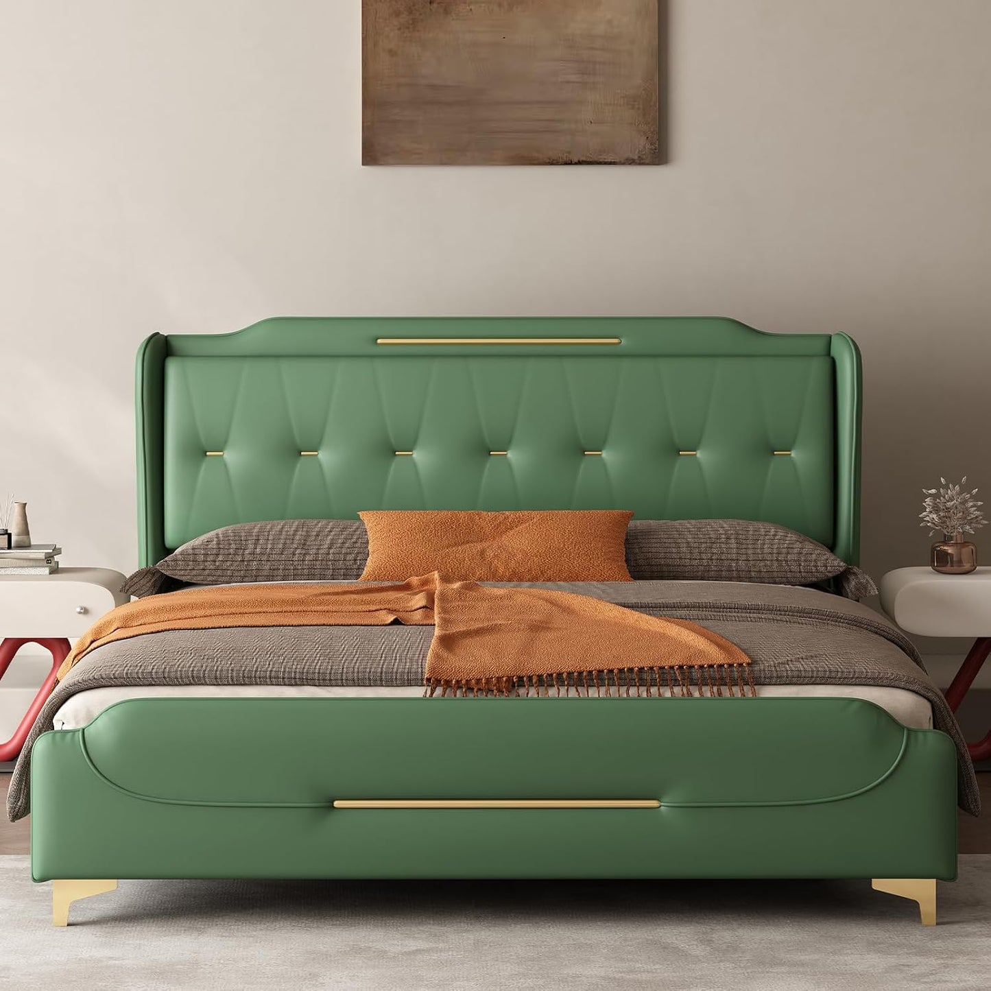 Queen Size Faux Leather Upholstered Platform Bed Frame, Modern Bed with Golden Iron Metal Decor, Metal Legs & Solid Wood Slats Support, No Box Spring Needed
