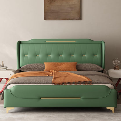 Queen Size Faux Leather Upholstered Platform Bed Frame, Modern Bed with Golden Iron Metal Decor, Metal Legs & Solid Wood Slats Support, No Box Spring Needed