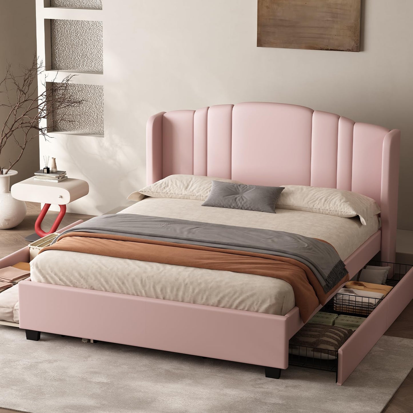 Queen Bed Frame with Trundle and 2 Storage Drawers, Upholstered Platform Bed with Wingback Headboard, Linen &Wooden Support Slats