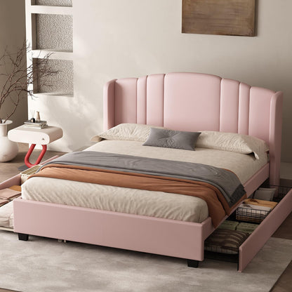 Queen Bed Frame with Trundle and 2 Storage Drawers, Upholstered Platform Bed with Wingback Headboard, Linen &Wooden Support Slats