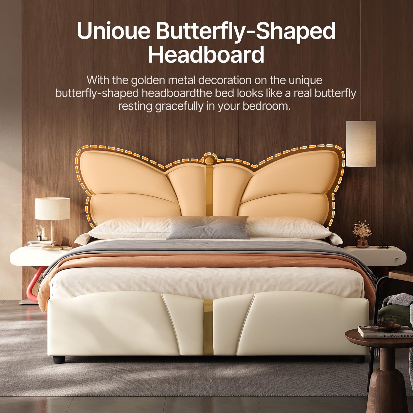 Queen Size Upholstered PU Leather Bed Frame with Butterfly Headboard and Footboard, Modern Platform Bed with Gold Metal Accents