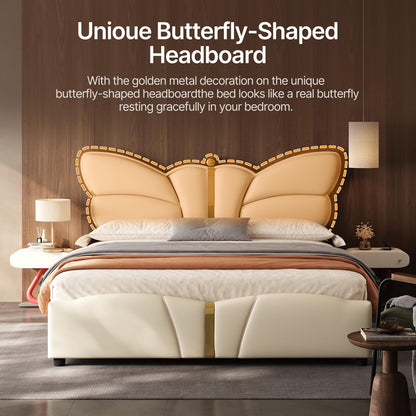 Queen Size Upholstered PU Leather Bed Frame with Butterfly Headboard and Footboard, Modern Platform Bed with Gold Metal Accents