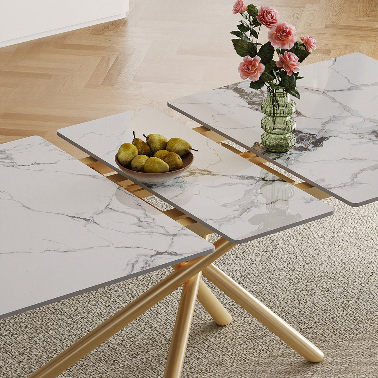 59-inch Modern rectangle Expandable Dining Table , Sintered Stone Top & Golden Carbon Steel X-Base