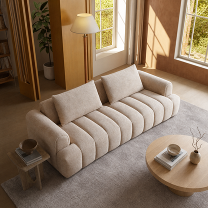 100-Inch Beige Vertical Stitching 3-Seater Sofa, Modern Bouclé Upholstered Sofa, Equipped with 2 Throw Pillows and a 2000-Pound Load-Bearing Wooden Frame