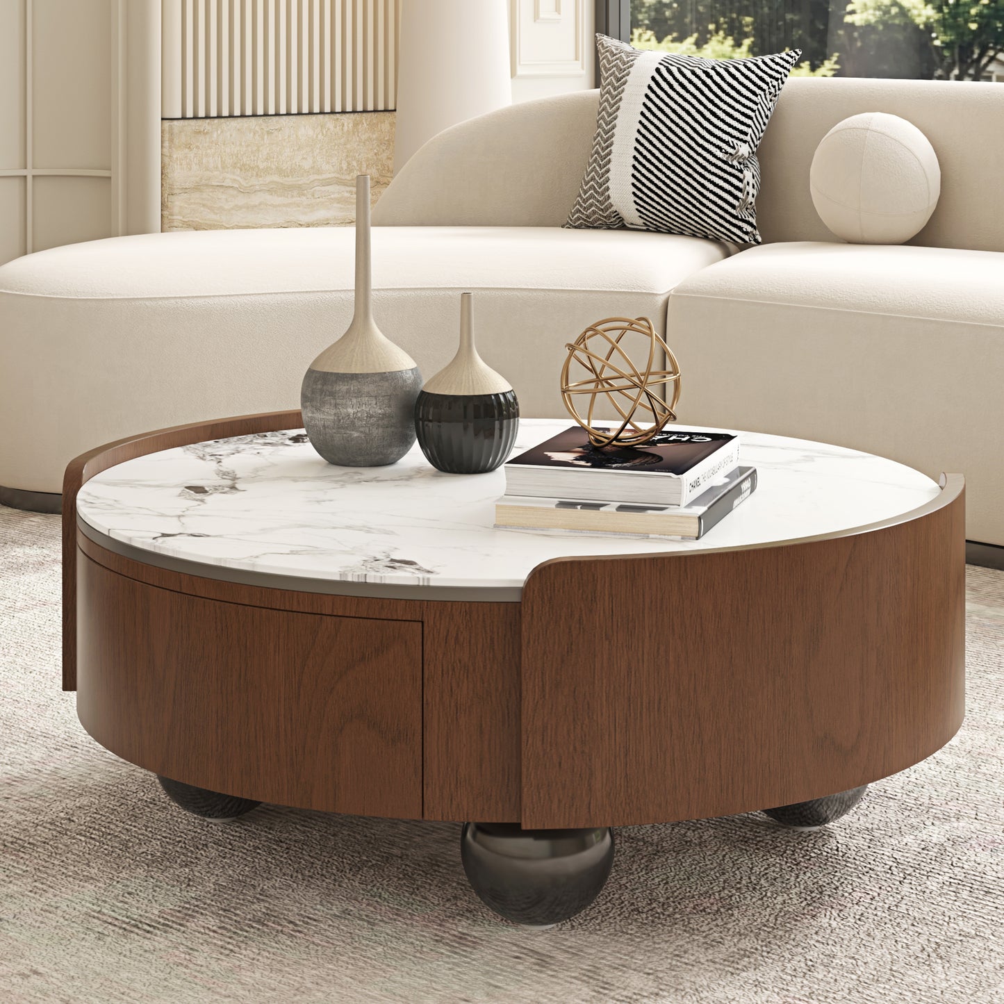 Walnut & Stone Round Coffee Table｜35.43" 2-Sided Curved Drawers