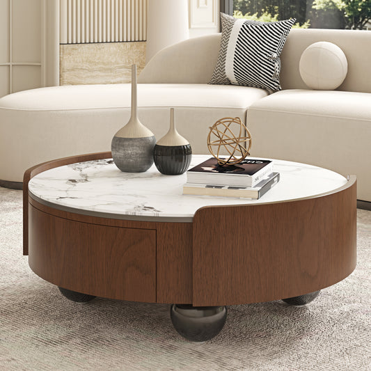 Walnut & Stone Round Coffee Table｜35.43" 2-Sided Curved Drawers