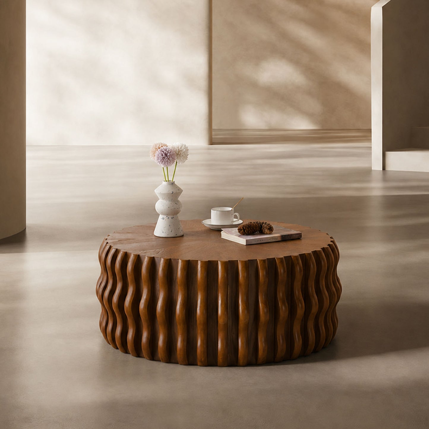 Fluted Wave-Drum Walnut Solid Wood Round Coffee Table