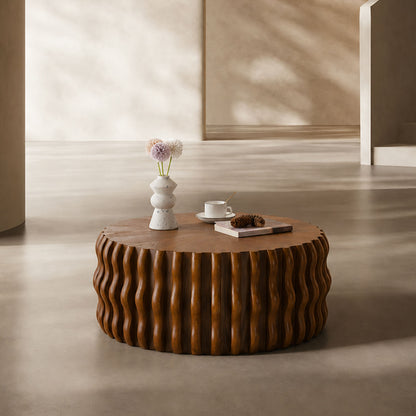 Fluted Wave-Drum Walnut Solid Wood Round Coffee Table