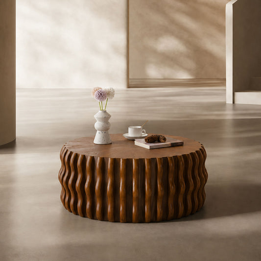 Fluted Wave-Drum Walnut Solid Wood Round Coffee Table