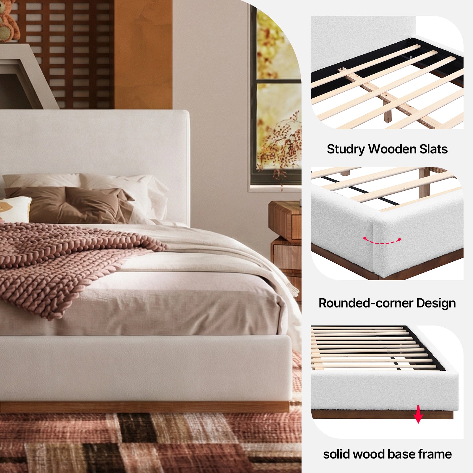 Modern Cloud-Feel Bed– Queen Size, Platform Bed with Soft Thick Headboard,Block White Fabric Upholstered Bed with Nice Wood Grain Textured Solid Wood Base Frame
