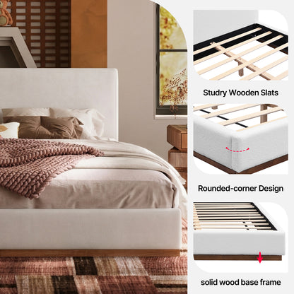 Modern Boucle Cloud-Feel Bed– Queen Size,  Solid Wood Base Frame