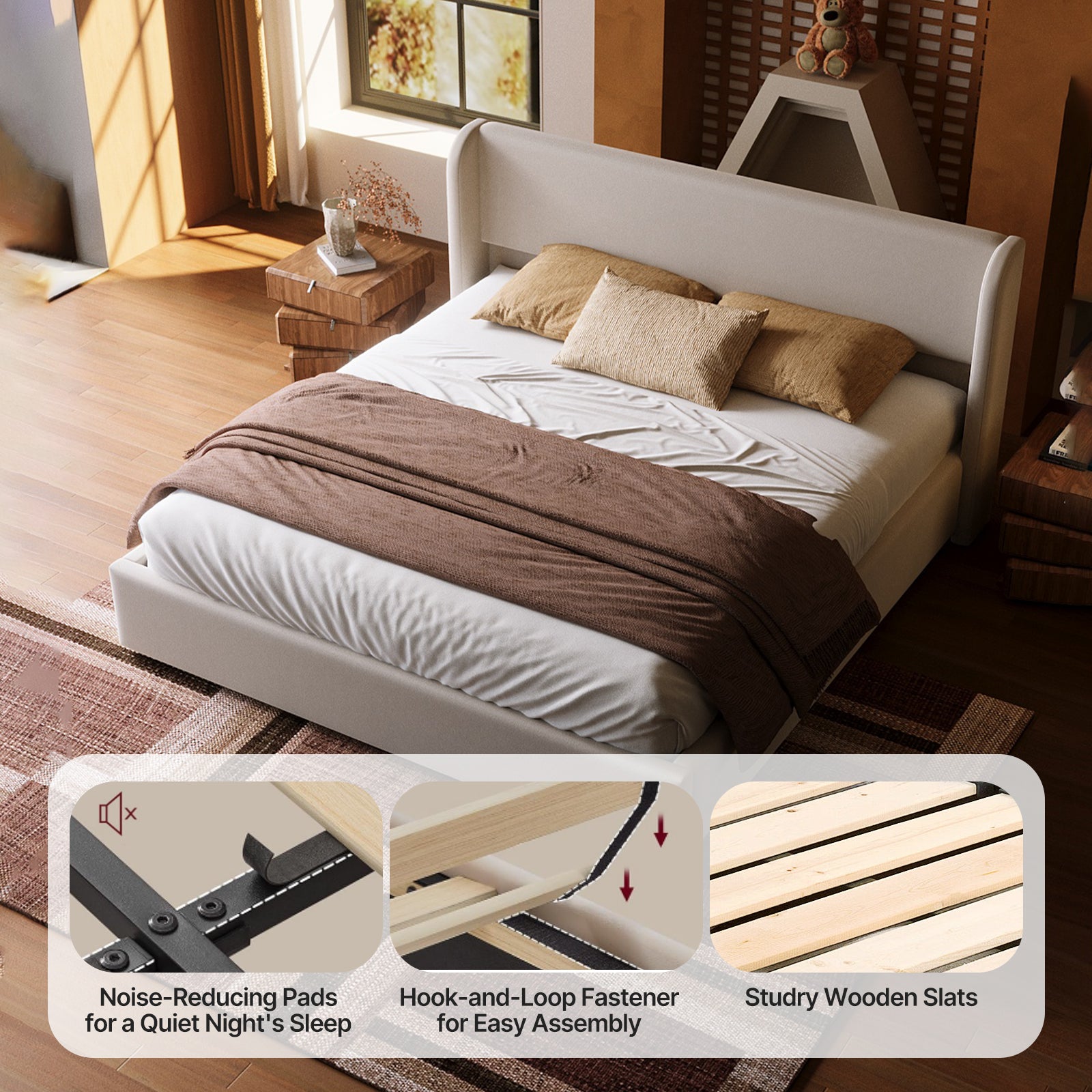 Queen Size Boucle Cloud-Feel Bed Frame, Boucle Upholstered Platform Bed with Curved Headboard & Solid Wood Legs, for Bedroom Apartment